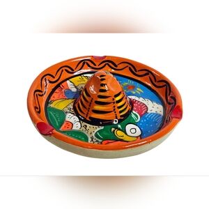 Hand Painted Mexican Pottery Sombrero Ashtray Ceramic Trinket Dish Home Decor